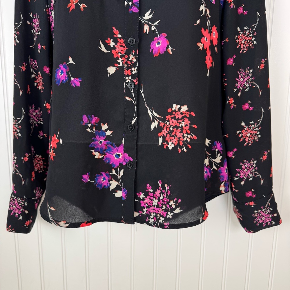Express‎ The Portofino Shirt Women's XS Black Floral Blouse Office Business - Picture 3 of 11